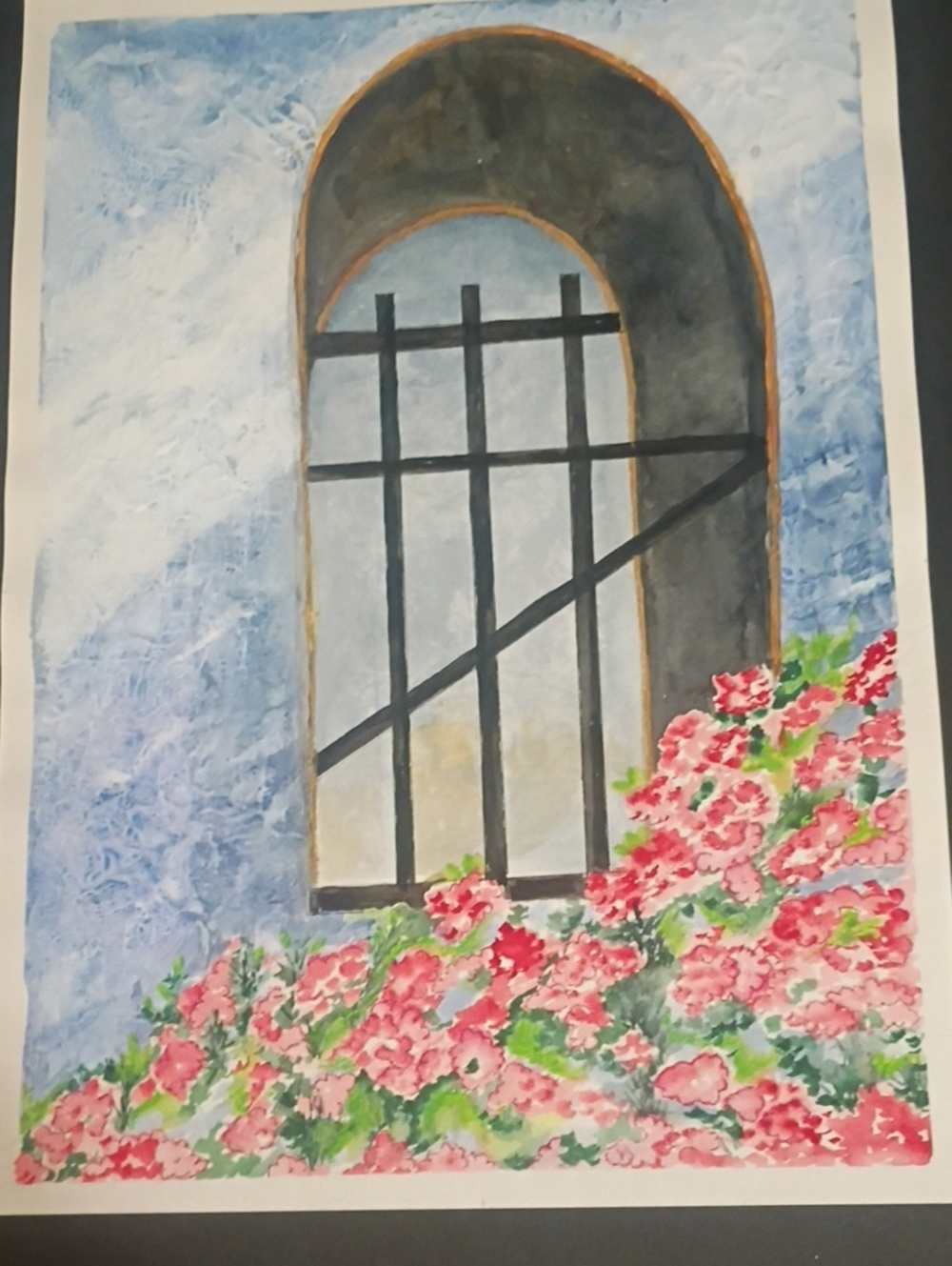 Hand-Painted Floral Window Watercolor Art On Paper Unframed